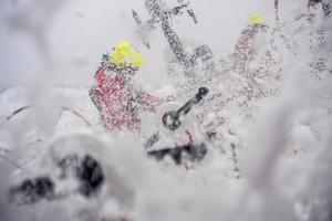 Day 17, Leg 2, Lisbon to Cape Town, on board MAPFRE, Antonio Cuervas-Mons and Tamara Echegoyen between water. 21 November, 2017 – Volvo Ocean Race photo copyright  Ugo Fonolla / Volvo Ocean Race taken at  and featuring the  class