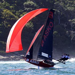 Race 1 – Asko Appliances was 'flying' after being forced to miss the start with gear failure – 18ft Skiffs NSW Championship photo copyright  Frank Quealey / Australian 18 Footers League taken at  and featuring the  class