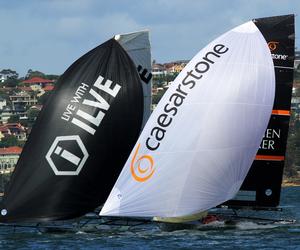 Race 7 – Close spinnaker racing between ILVE and The Kitchen Maker – 18ft Skiffs Spring Championship photo copyright  Frank Quealey / Australian 18 Footers League taken at  and featuring the  class
