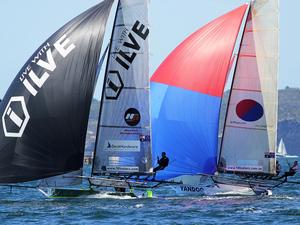 ILVE and Yandoo close action on the run to Kurraba Point photo copyright  Frank Quealey / Australian 18 Footers League taken at  and featuring the  class