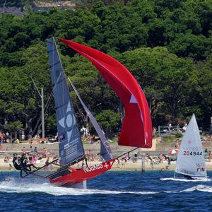 Race 1 – Noakesailing gives the swimmers a close up look at an 18ft Skiff in action off Nielsen Park – 18ft Skiffs NSW Championship photo copyright  Frank Quealey / Australian 18 Footers League taken at  and featuring the  class