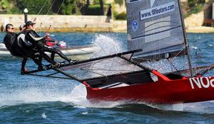 Race 1 – Noakesailing team show the strains put on the competitors in the 15-20k Nor'Easter – 18ft Skiffs NSW Championship photo copyright  Frank Quealey / Australian 18 Footers League taken at  and featuring the  class