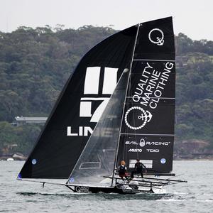 Quality Marine Clothing led the fleet home in Race 3 photo copyright  Frank Quealey / Australian 18 Footers League taken at  and featuring the  class