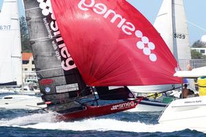 Race 1 – Smeg fights her way through the harbour traffic shortly after rounding the windward mark – 18ft Skiffs NSW Championship photo copyright  Frank Quealey / Australian 18 Footers League taken at  and featuring the  class