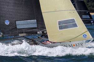 Race 7 – The Kitchen Maker was buried in the wake of a passing boat shortly after the start – 18ft Skiffs Spring Championship photo copyright  Frank Quealey / Australian 18 Footers League taken at  and featuring the  class