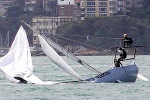 Race 7 – The critical moment when the race changed for Noakes Youth – 18ft Skiffs Spring Championship photo copyright  Frank Quealey / Australian 18 Footers League taken at  and featuring the  class