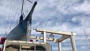 Eric de Turckheim's French Nivelt-Muratet 54 Teasing Machine in the boatyard at Marina Lanzarote photo copyright  Louay Habib / RORC taken at  and featuring the  class