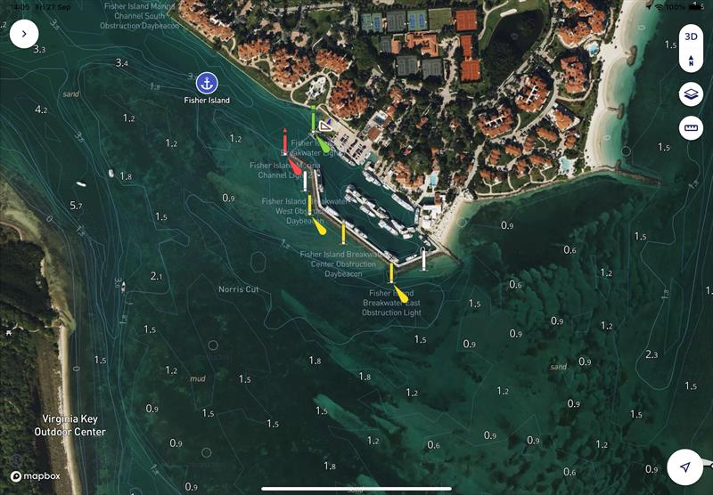 Satellite view of Fisher Island showing depths, posts, buoys and anchorages photo copyright savvy navvy taken at  and featuring the  class