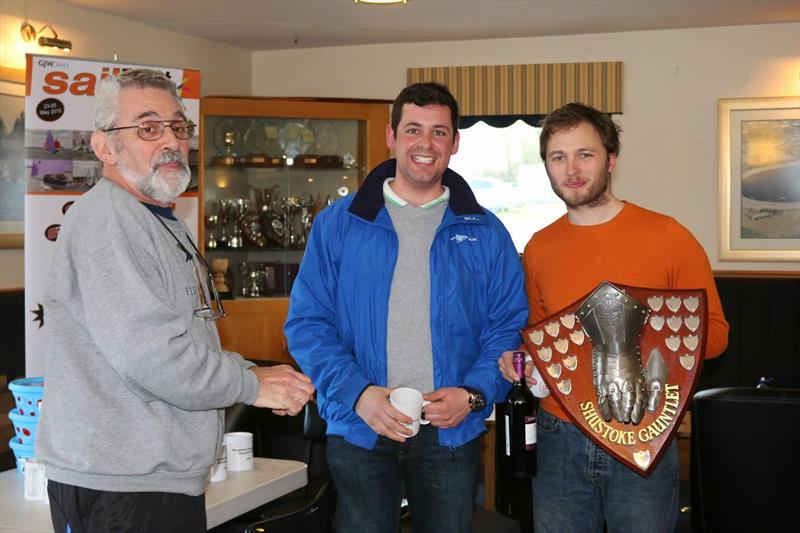 Peter Maidment presents the Shustoke Gauntlet to Pete Gray and Richard Pepperdine photo copyright Brenda Hoult taken at Shustoke Sailing Club and featuring the Scorpion class