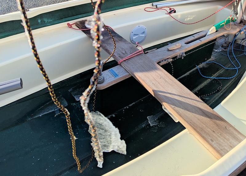 Frozen mainsheet and ice in the boat ahead of the Keyhaven Yacht Club Rum Race - photo © Mark Jardine