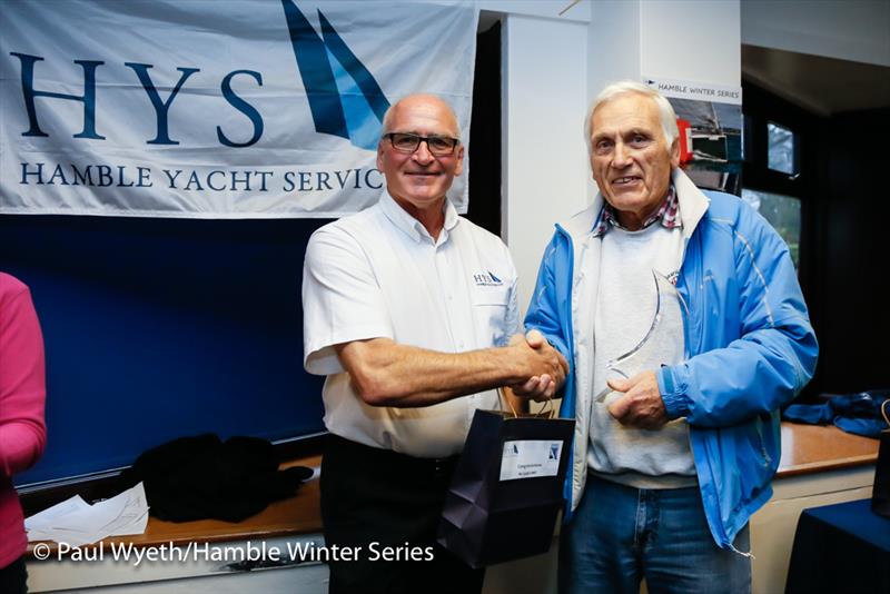 Toby Gorman accepts the Class 4 trophy in the HYS Hamble Winter Series 2018 photo copyright Paul Wyeth / www.pwpictures.com taken at Hamble River Sailing Club and featuring the Sigma 33 class