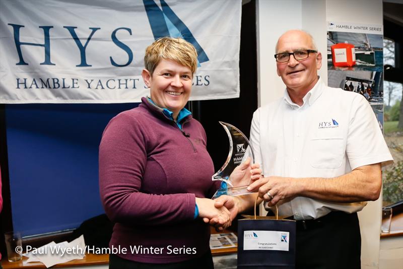 Vanessa Choules accepts the Class 3 trophy in the HYS Hamble Winter Series 2018 photo copyright Paul Wyeth / www.pwpictures.com taken at Hamble River Sailing Club and featuring the Sigma 38 class