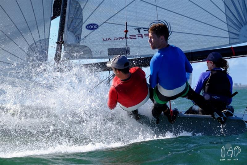 BAAM copping some spray on the way to the final mark of the day photo copyright Mitchell Pearson / SurfSailKite taken at Darling Point Sailing Squadron and featuring the 16ft Skiff class
