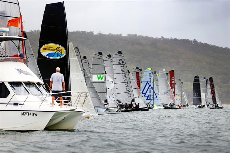 Race 3 packed start line - Australian 16ft and 13ft Skiff Championships, day 2 photo copyright Mark Rothfield taken at  and featuring the 16ft Skiff class