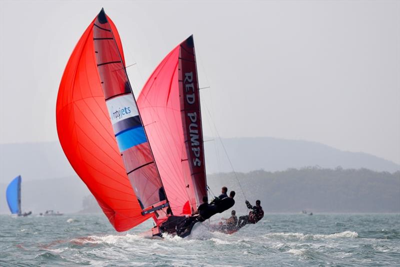 Emptyjets trailing Red Pumps - Australian 16ft and 13ft Skiff Championships, day 3 photo copyright Mark Rothfield taken at Port Stephens Sailing and Aquatic Club and featuring the 16ft Skiff class