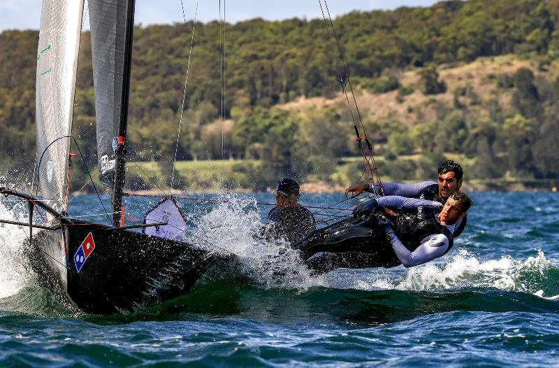 Dominos - Red Pumps 16ft Skiff Australian Championships 2021-22 photo copyright Michael Chittenden taken at Belmont 16ft Sailing Club and featuring the 16ft Skiff class