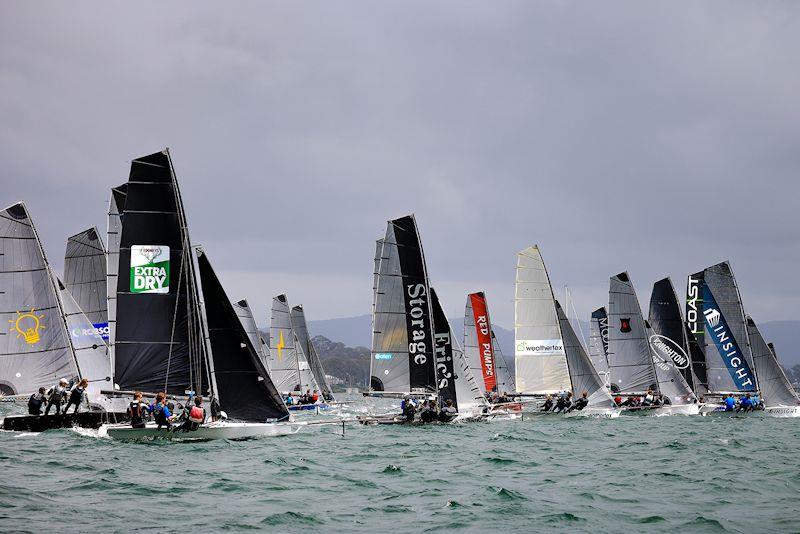 Start of Race 8 on day 5 of the Red Pumps 16ft Skiff Australian Championships 2021-22 photo copyright Michael Chittenden taken at Belmont 16ft Sailing Club and featuring the 16ft Skiff class