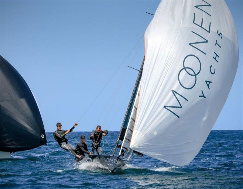 The Moonen Yachts Racing crew preparing to drop the kite during the 2022-23 16ft Skiff Australian Championships photo copyright Sail Media taken at Manly 16ft Skiff Sailing Club and featuring the 16ft Skiff class