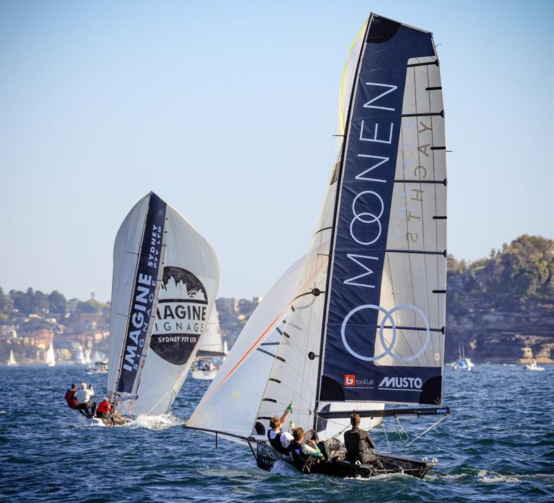 Moonen chasing ImagineSignage skippered by Nathan Wilmot photo copyright Sail Media taken at Manly 16ft Skiff Sailing Club and featuring the 16ft Skiff class