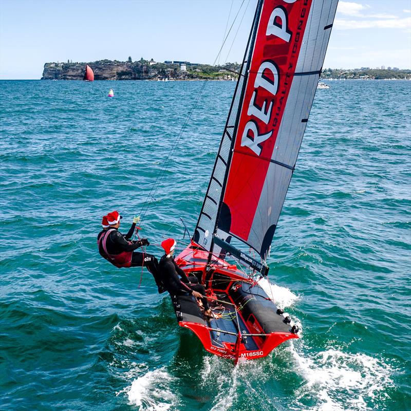 Manly Skiffs Club Championship Heat 6 - Red Pumps win photo copyright SailMedia taken at Manly 16ft Skiff Sailing Club and featuring the 16ft Skiff class