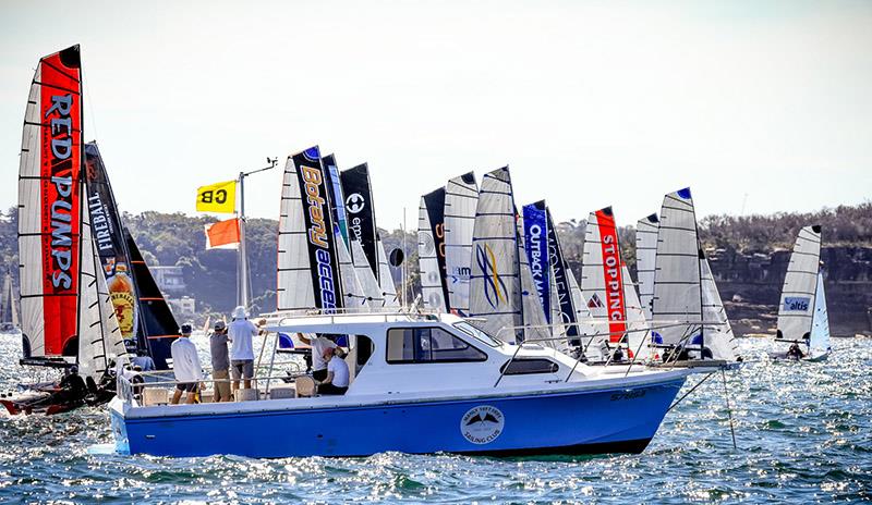 Start Boat Manly photo copyright SailMedia taken at Manly 16ft Skiff Sailing Club and featuring the 16ft Skiff class