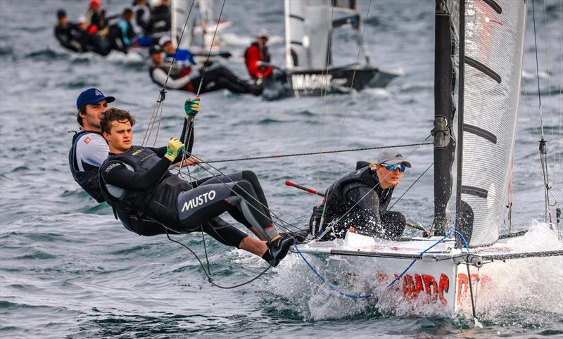 Manly 16 Club Championship Heats 1 & 2 - Red Pumps - Zoe Dransfield, Fynn Sprott & Jamie Stodart - photo © SailMedia Manly Skiffs