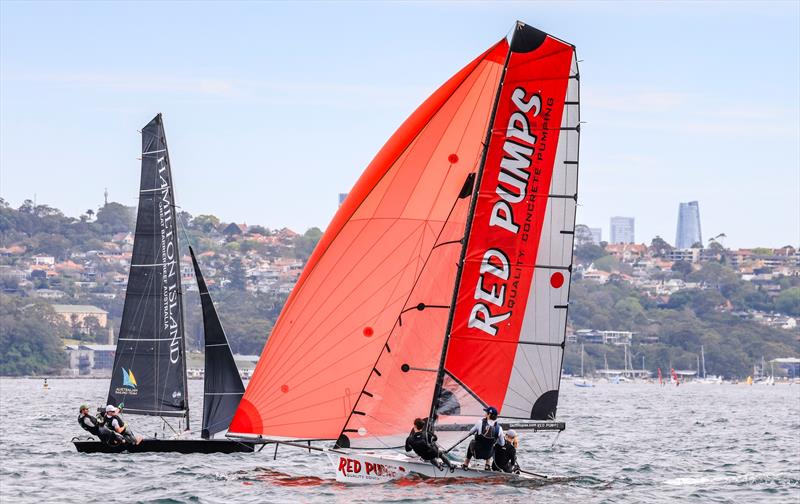 Manly 16 Club Championship Heats 1 & 2 - Red Pumps - Zoe Dransfield, Fynn Sprott & Jamie Stodart - photo © SailMedia Manly Skiffs
