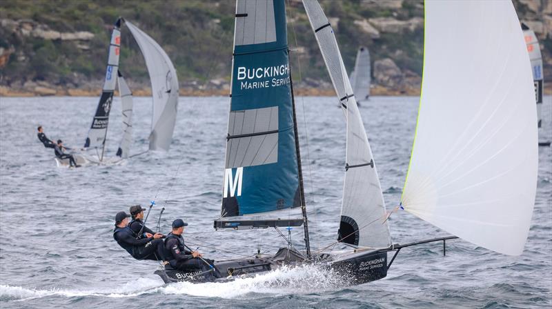 Tom Slingsby steering Buckingham Marine during Manly 16ft Skiff Sailing Club Short Course Pointscore Day 3 - photo © SailMedia / Michael Chittenden