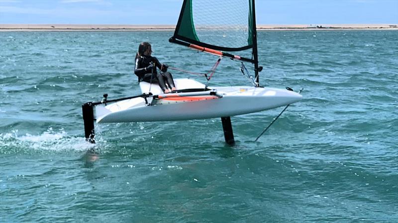 Amelie Hiscocks sending it on the Nikki foiling dinghy at the not-for-profit Andrew Simpson Centre in Portland photo copyright Andrew Simpson Foundation taken at Weymouth & Portland Sailing Academy and featuring the SKEETA class