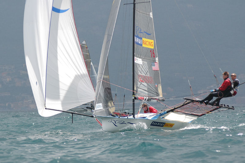 Action from the final day of the 18ft Skiff European International Championships on Lake Garda photo copyright Christophe Favreau / www.christophefavreau.book.fr taken at  and featuring the 18ft Skiff class