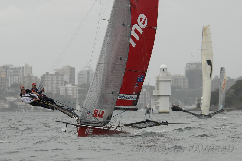 More overcast conditions for race 2 of the J.J. Giltinan 18ft Skiff Championship photo copyright Christophe Favreau / www.christophefavreau.book.fr taken at Sydney Flying Squadron and featuring the 18ft Skiff class