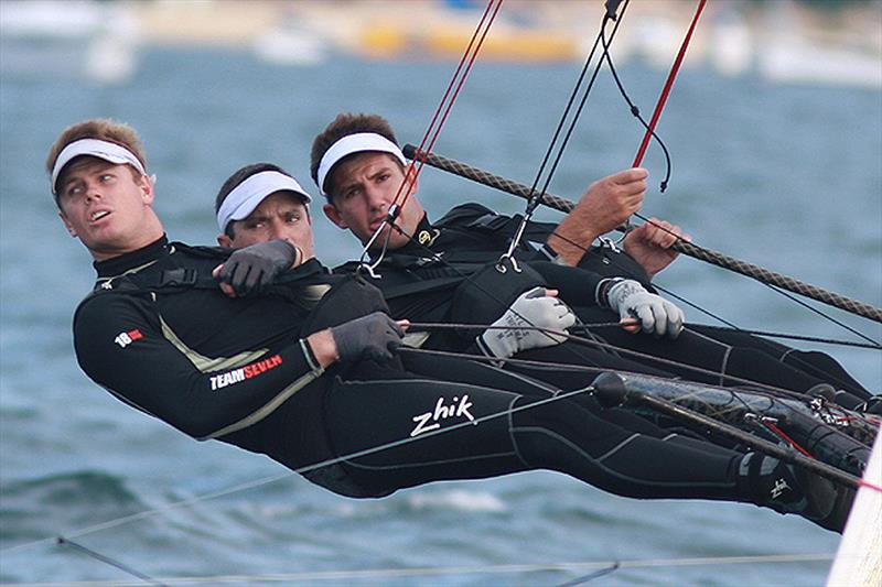 (from left) Sam, Scott and Seve focus on victory photo copyright Frank Quealey taken at Australian 18 Footers League and featuring the 18ft Skiff class