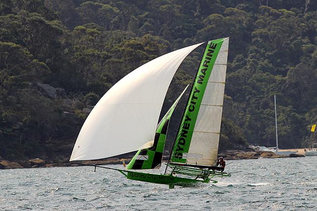 Sydney City Marine shows her paces under spinnaker two weeks ago photo copyright Frank Quealey taken at Australian 18 Footers League and featuring the 18ft Skiff class
