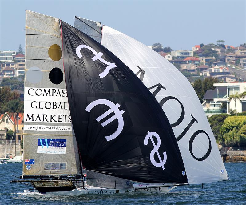 Compassmarkets and Mojo Wine tight run into Rose Bay during the 18ft Skiff President's Trophy photo copyright Frank Quealey taken at  and featuring the 18ft Skiff class