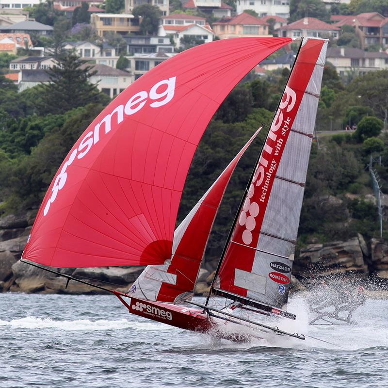 The Smeg team chase the leaders down the run towards the Sydney Heads during race 2 of the 18ft Skiff NSW Championship photo copyright Frank Quealey taken at Australian 18 Footers League and featuring the 18ft Skiff class