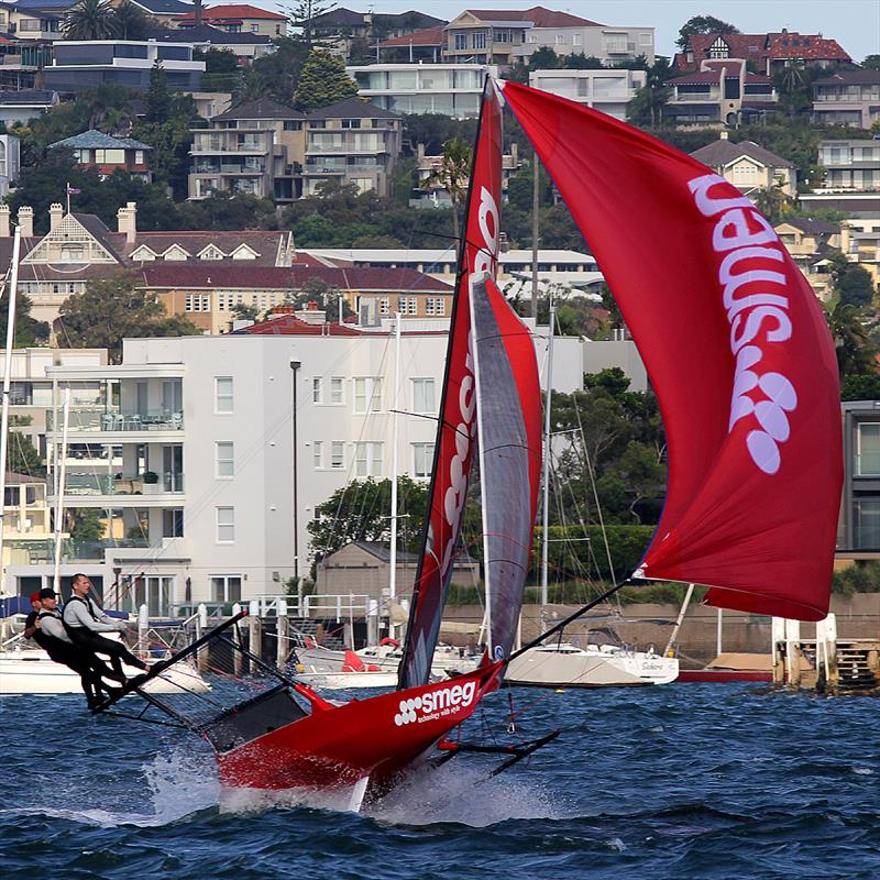 Smeg powers home into fourth place in race 1 of the 18ft Skiff JJ Giltinan Trophy photo copyright Frank Quealey taken at Australian 18 Footers League and featuring the 18ft Skiff class