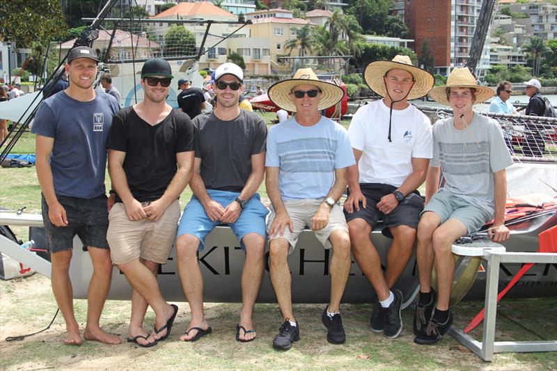 Stephen Quigley with his The Kitchen Maker crew and the Lumix crew photo copyright Frank Quealey taken at Australian 18 Footers League and featuring the 18ft Skiff class