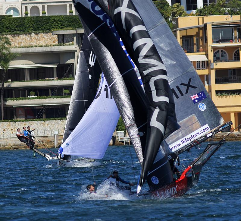 A moment for the Panasonic Lumix crew during race 6 of the 18ft Skiff Spring Championship in Sydney photo copyright Frank Quealey taken at Australian 18 Footers League and featuring the 18ft Skiff class