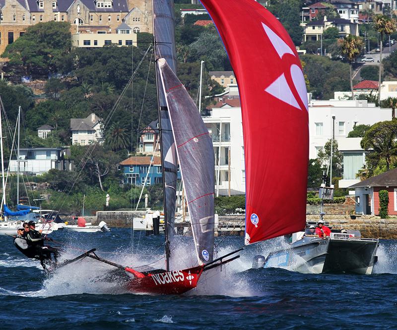 The video team give viewers a close up look at second-placed Noakesailing on the run to the finish during race 1 of the 18ft Skiff NSW Championship photo copyright Frank Quealey taken at Australian 18 Footers League and featuring the 18ft Skiff class