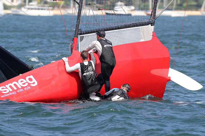After winning Race 1 the Smeg team missed the start by several minutes after a pre-start capsize at the 18ft Skiff Australian Championship photo copyright Frank Quealey taken at Australian 18 Footers League and featuring the 18ft Skiff class