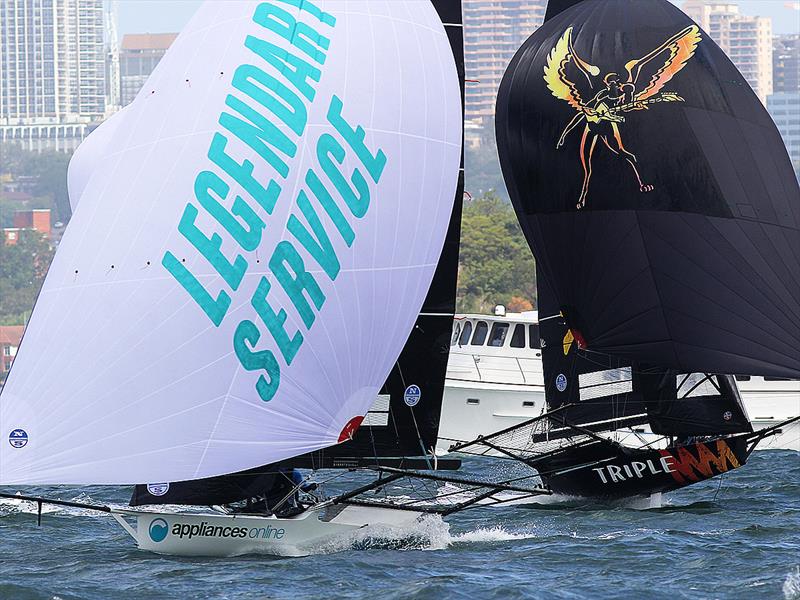 Applisncesonline and Triple M race towards the finish of Race 5 on day 3 of the 18ft Skiff Australian Championship 2018 photo copyright Frank Quealey taken at Australian 18 Footers League and featuring the 18ft Skiff class