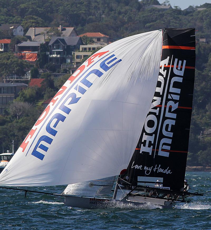Honda Marine approaches the finish line after a great recovery in 18ft Skiff JJ Giltinan Championship Race 1 photo copyright Frank Quealey taken at Australian 18 Footers League and featuring the 18ft Skiff class