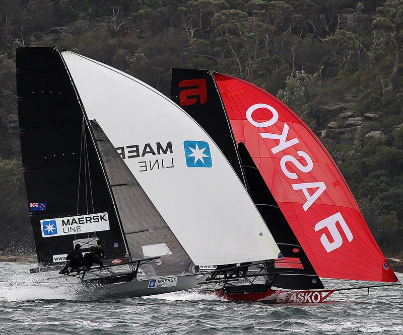Asko Appliances and Maersk Line battle for second place during 18ft Skiff JJ Giltinan Championship Race 2 photo copyright Frank Quealey taken at Australian 18 Footers League and featuring the 18ft Skiff class