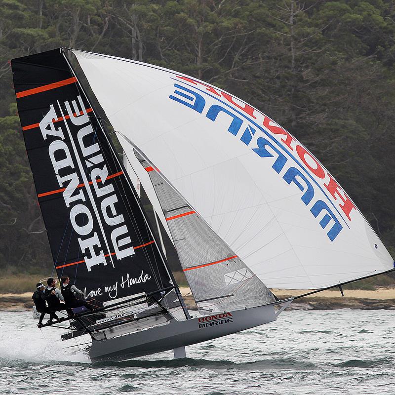 Honda Marine at top speed on the way to victory in 18ft Skiff JJ Giltinan Championship Race 2 photo copyright Frank Quealey taken at Australian 18 Footers League and featuring the 18ft Skiff class