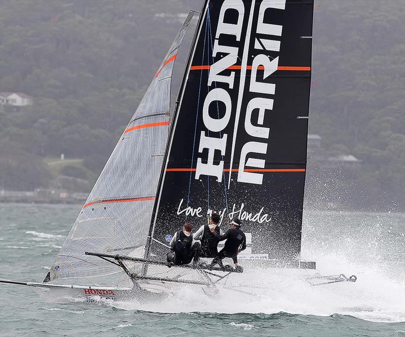 Honda Marine on the bear-away off Shark Island during 18ft Skiff JJ Giltinan Championship Race 2 photo copyright Frank Quealey taken at Australian 18 Footers League and featuring the 18ft Skiff class