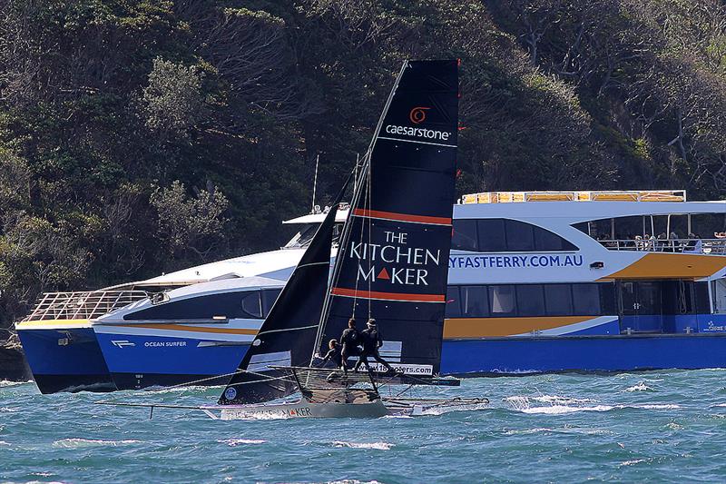 The Kitchen Maker looks like her team is taking on a Sydney Harbour ferry during 18ft Skiff JJ Giltinan Championship Race 3 photo copyright Frank Quealey taken at Australian 18 Footers League and featuring the 18ft Skiff class