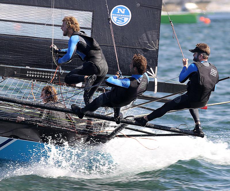 Appliancesonline.com.au races to the finish line during the 18ft Skiff Queen of the Harbour photo copyright Frank Quealey taken at Australian 18 Footers League and featuring the 18ft Skiff class