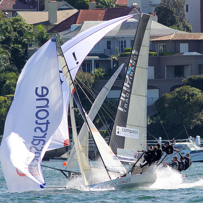 The Kitchen Maker near capsize in a dramatic finish with Finport Trade Finance during the 18ft Skiff Queen of the Harbour - photo © Frank Quealey