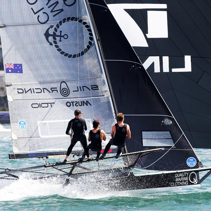 The Quality Marine Clothing-sponsored skiff for Aron Everett during the 2017-18 season photo copyright Frank Quealey taken at Australian 18 Footers League and featuring the 18ft Skiff class