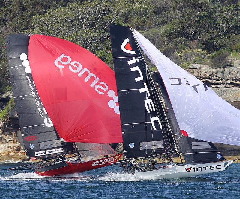 Smeg takes Vintec's wind off Steel Point during 18ft Spring Championship Race 1 photo copyright Frank Quealey taken at Australian 18 Footers League and featuring the 18ft Skiff class